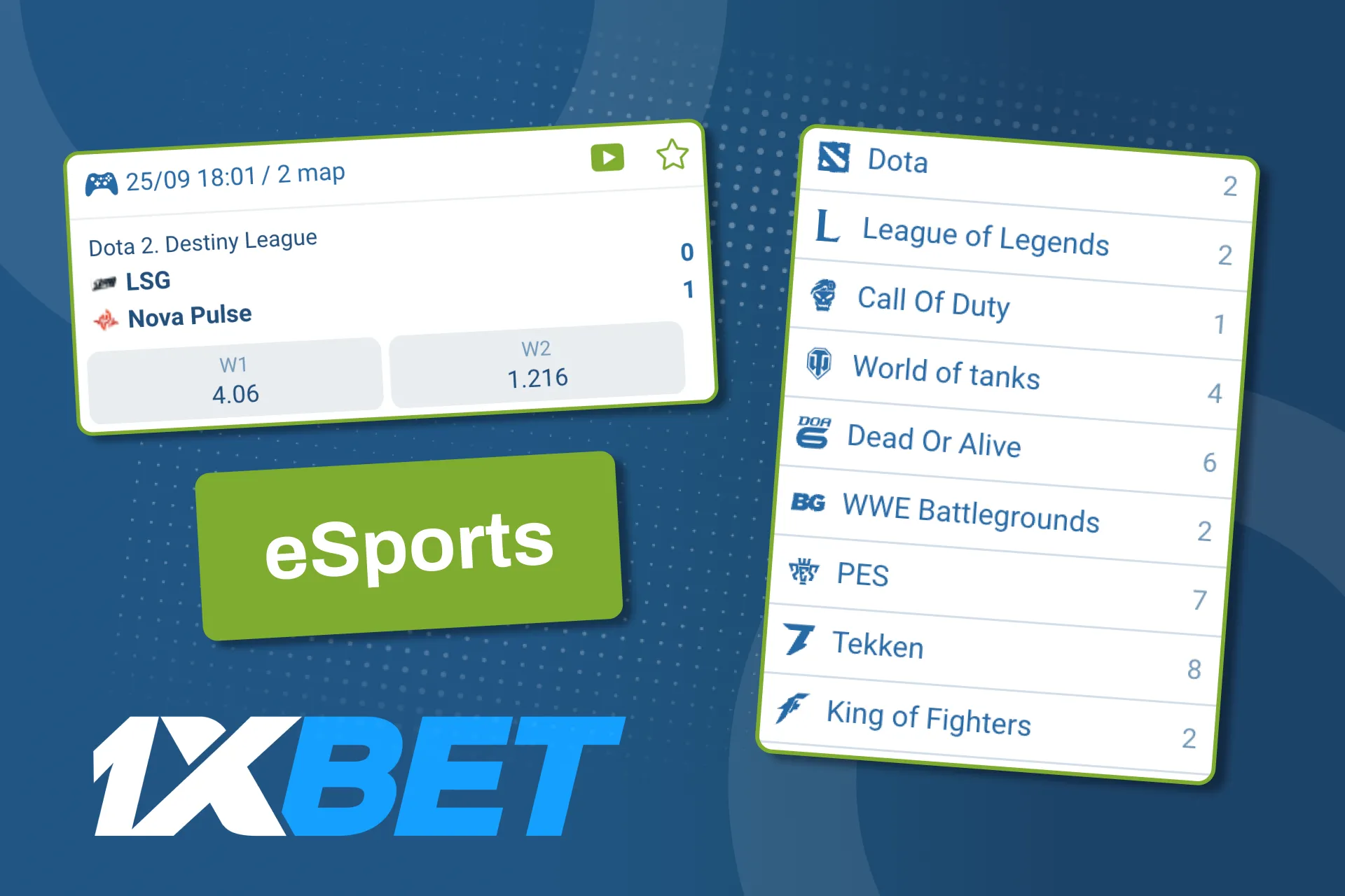 1xBet-এ Dota 2 এবং CS2-এর মতো শীর্ষ ইস্পোর্টগুলিতে বাজি ধরুন।