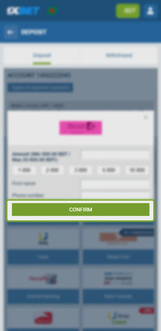 Finalize the deposit and begin wagering on 1xBet.