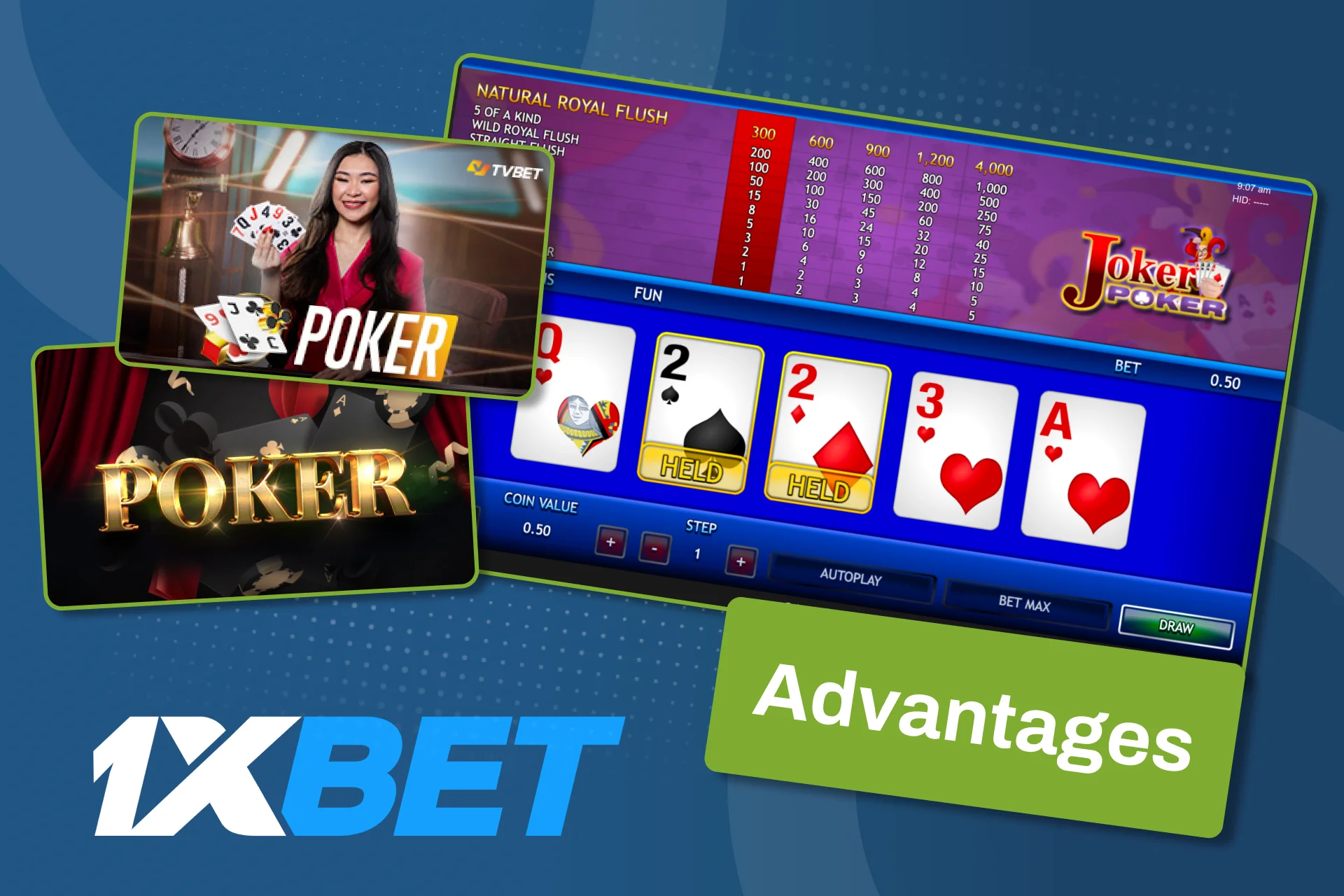 Enjoy poker advantages on 1xBet with many tables and formats.