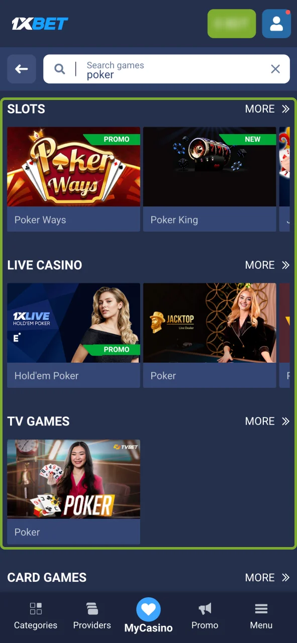 Choose your poker mode on 1xBet and start playing.