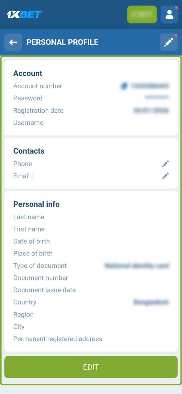 Check your personal details on 1xBet after login.