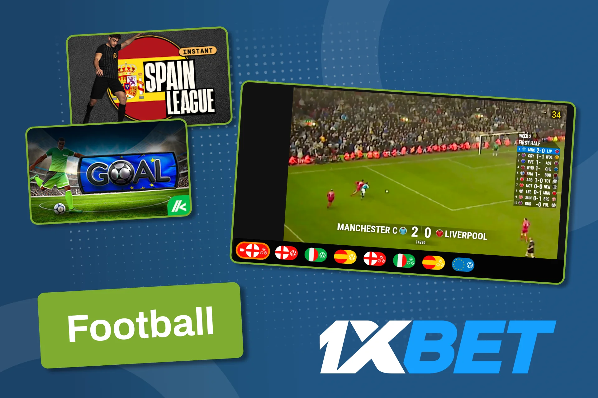 Play virtual football on 1xBet with short matches and live scoreboards.