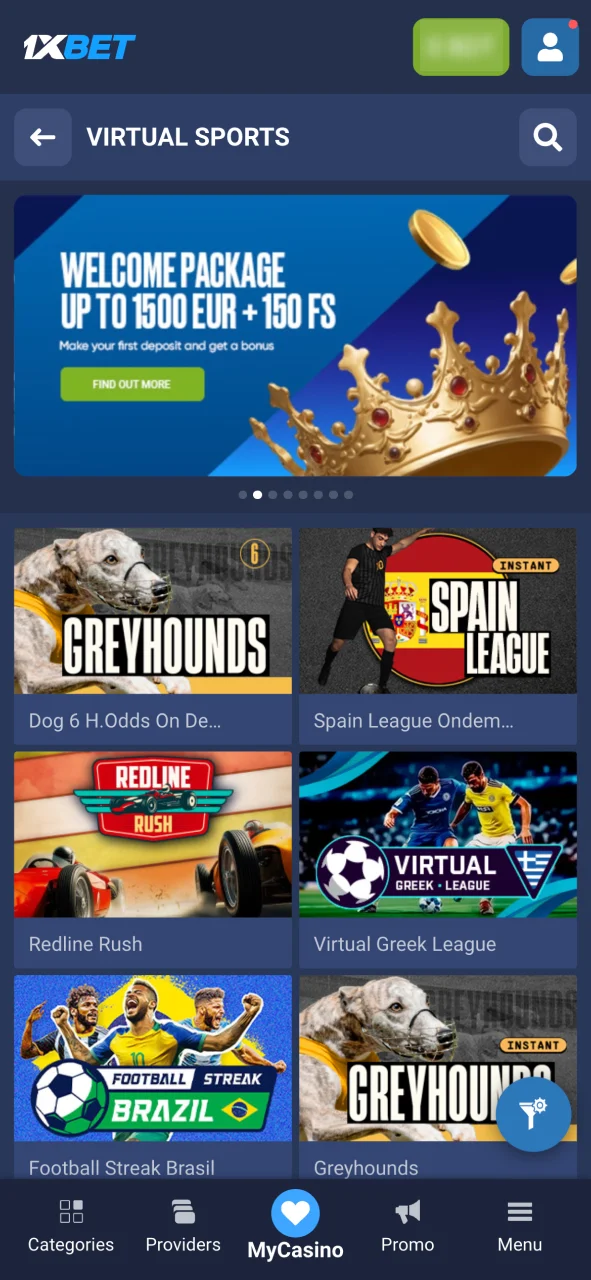 Find Virtual Sports on 1xBet and open the full event list.