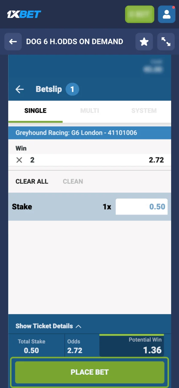 Place your bet on 1xBet, add selections, enter your stake, and confirm.