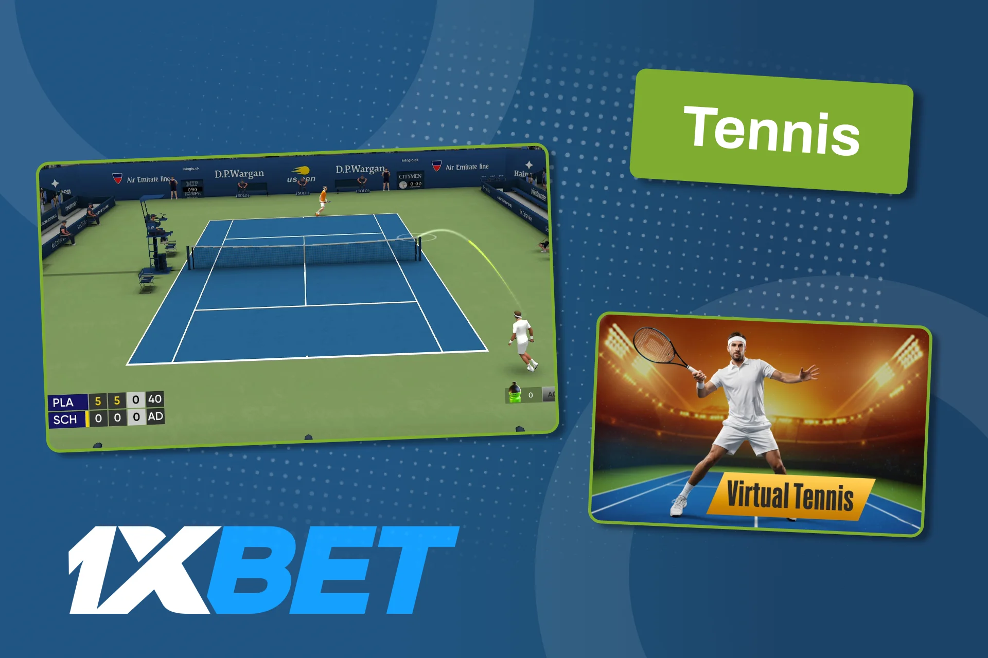 Play virtual tennis on 1xBet and bet on fast simulated tournaments.