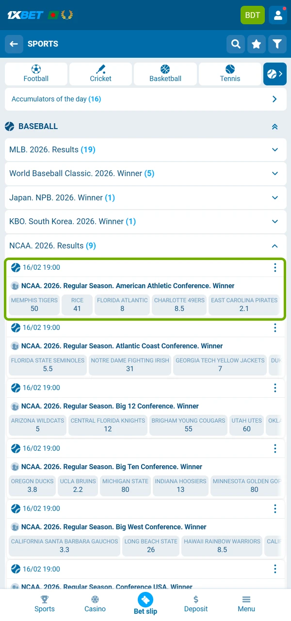 Explore the event list at 1xBet and pick a baseball match to start betting.