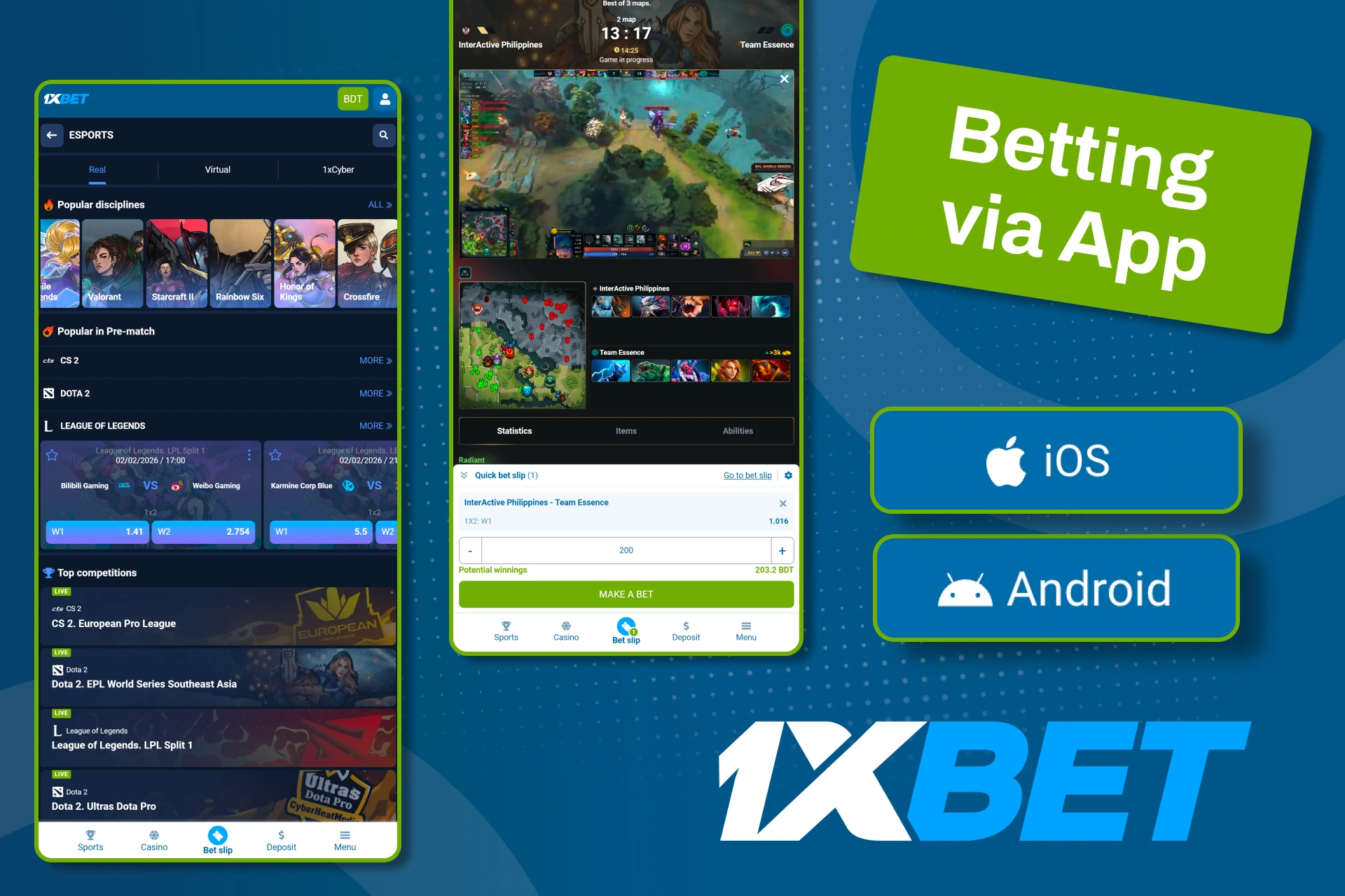 Bet on esports anywhere with a smooth mobile experience on 1xBet.