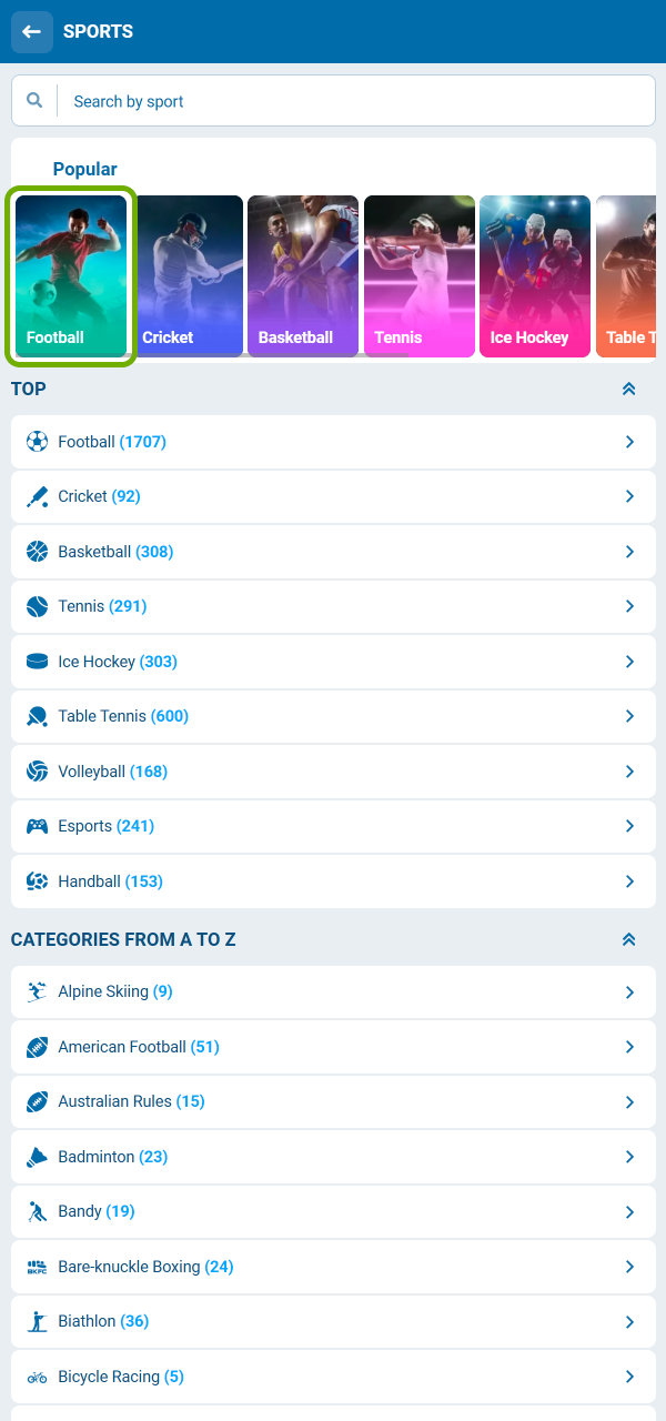 Open the sports menu and find football matches with ease on 1xBet.