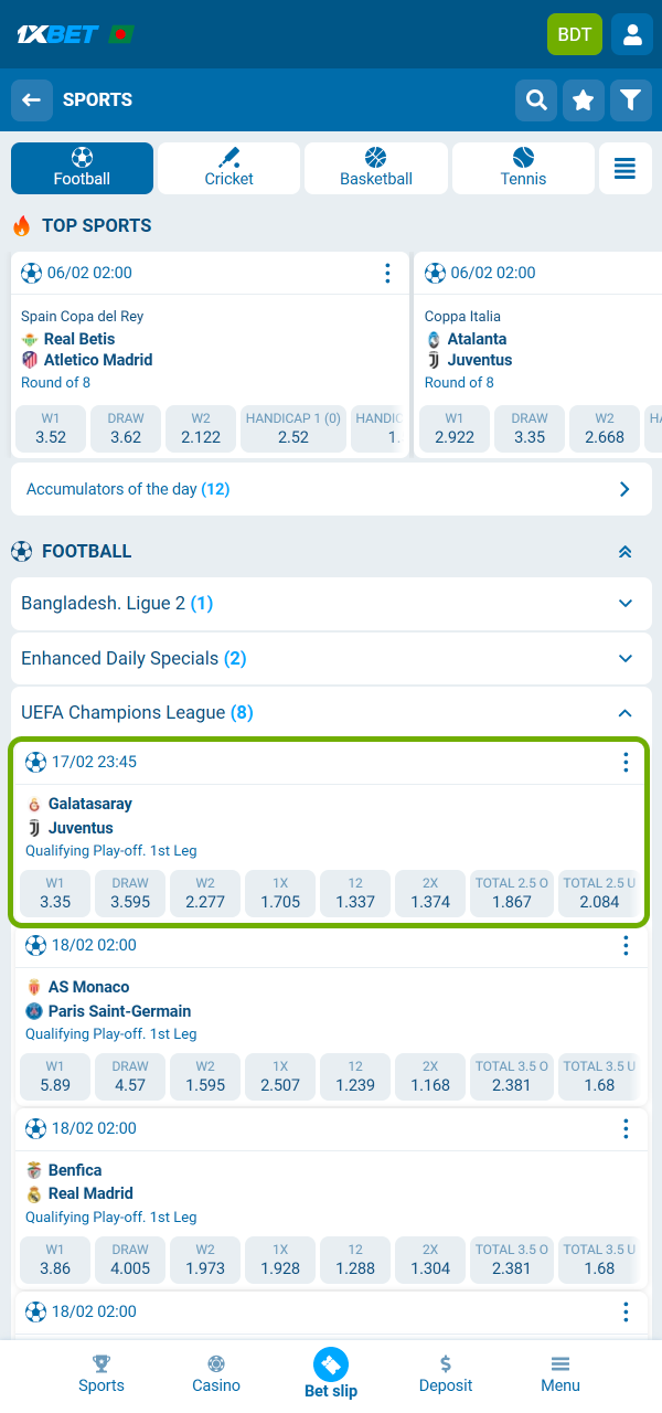 Browse markets fast and create your bet on 1xBet.