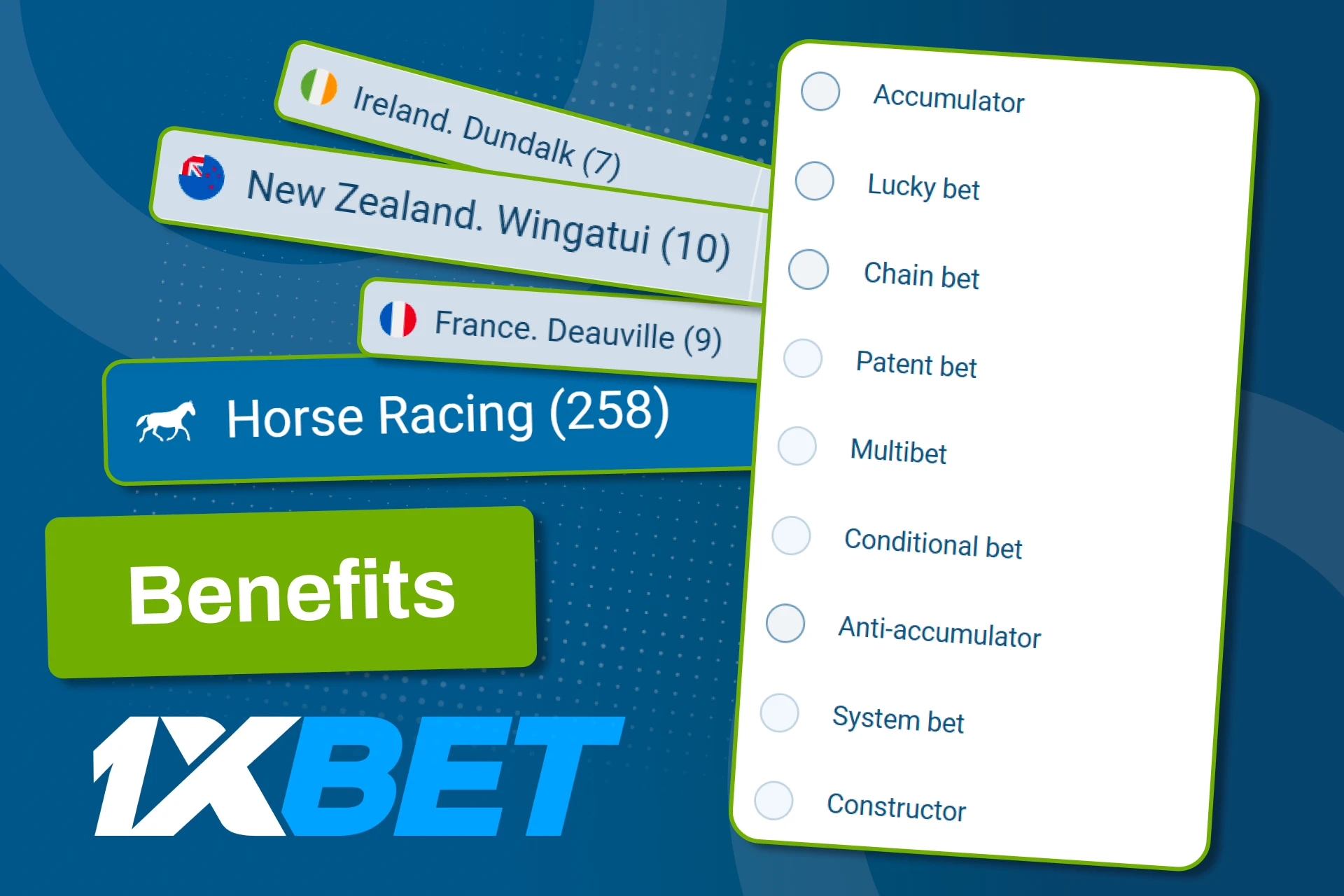 Explore flexible horse racing bet types with full support on 1xBet.