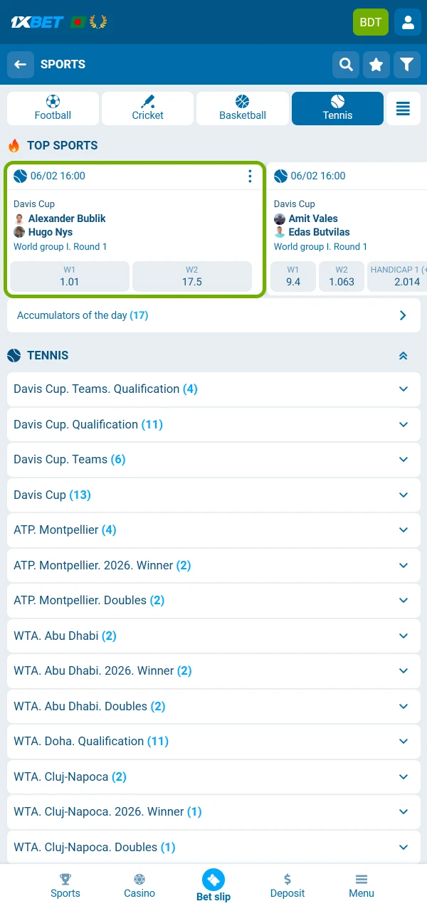 Select a tennis game and continue betting smoothly on 1xBet.