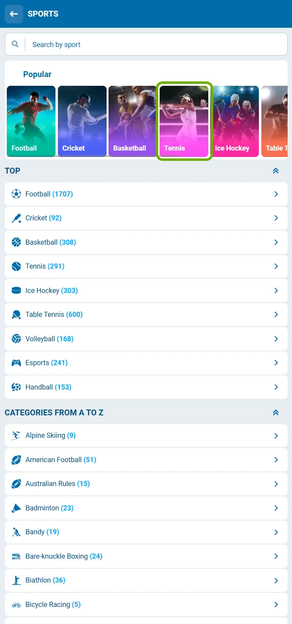 Open the tennis category and start betting on 1xBet.